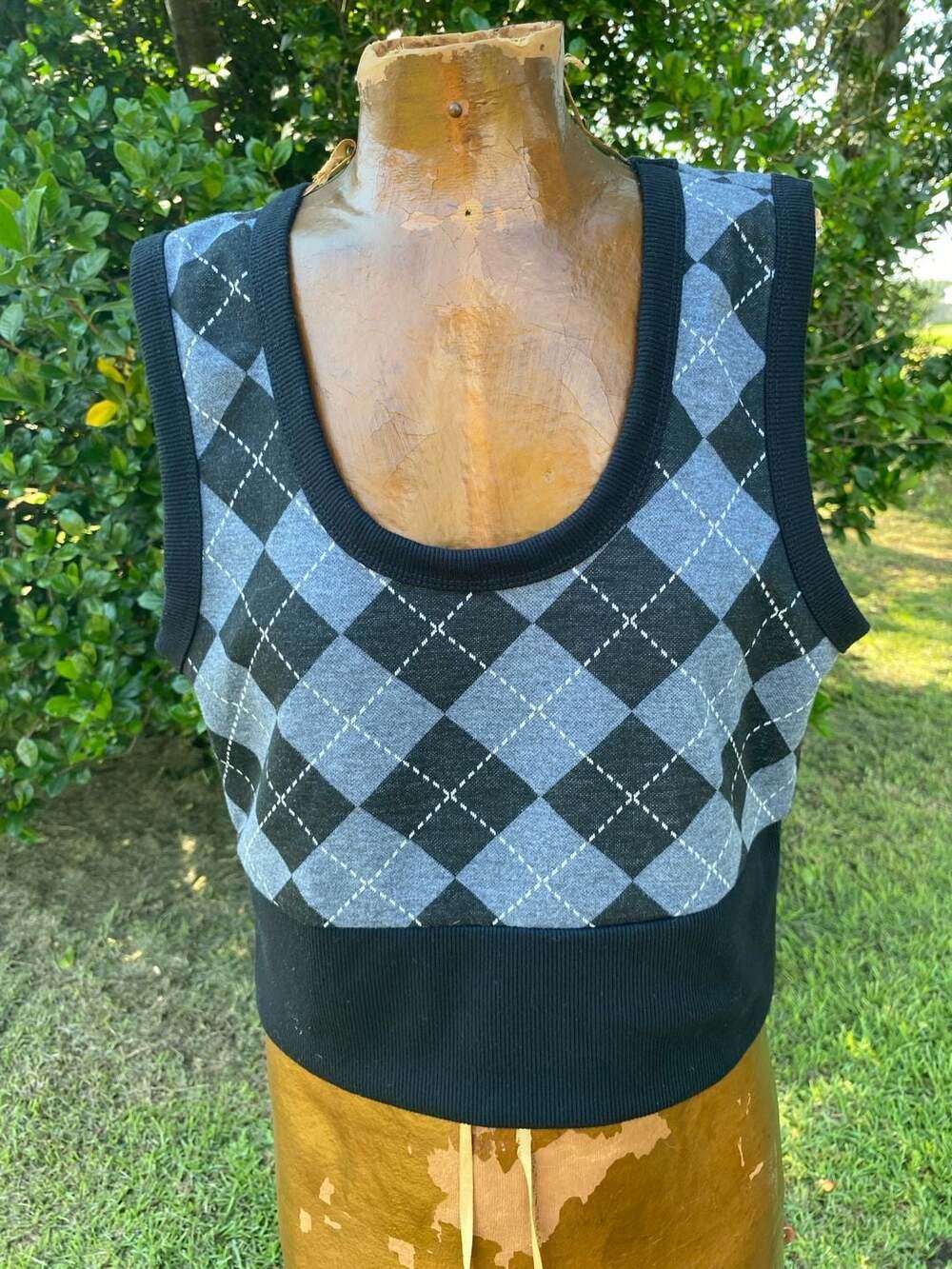 Social Collision Black and Grey Argyle Crop Sweater Vest